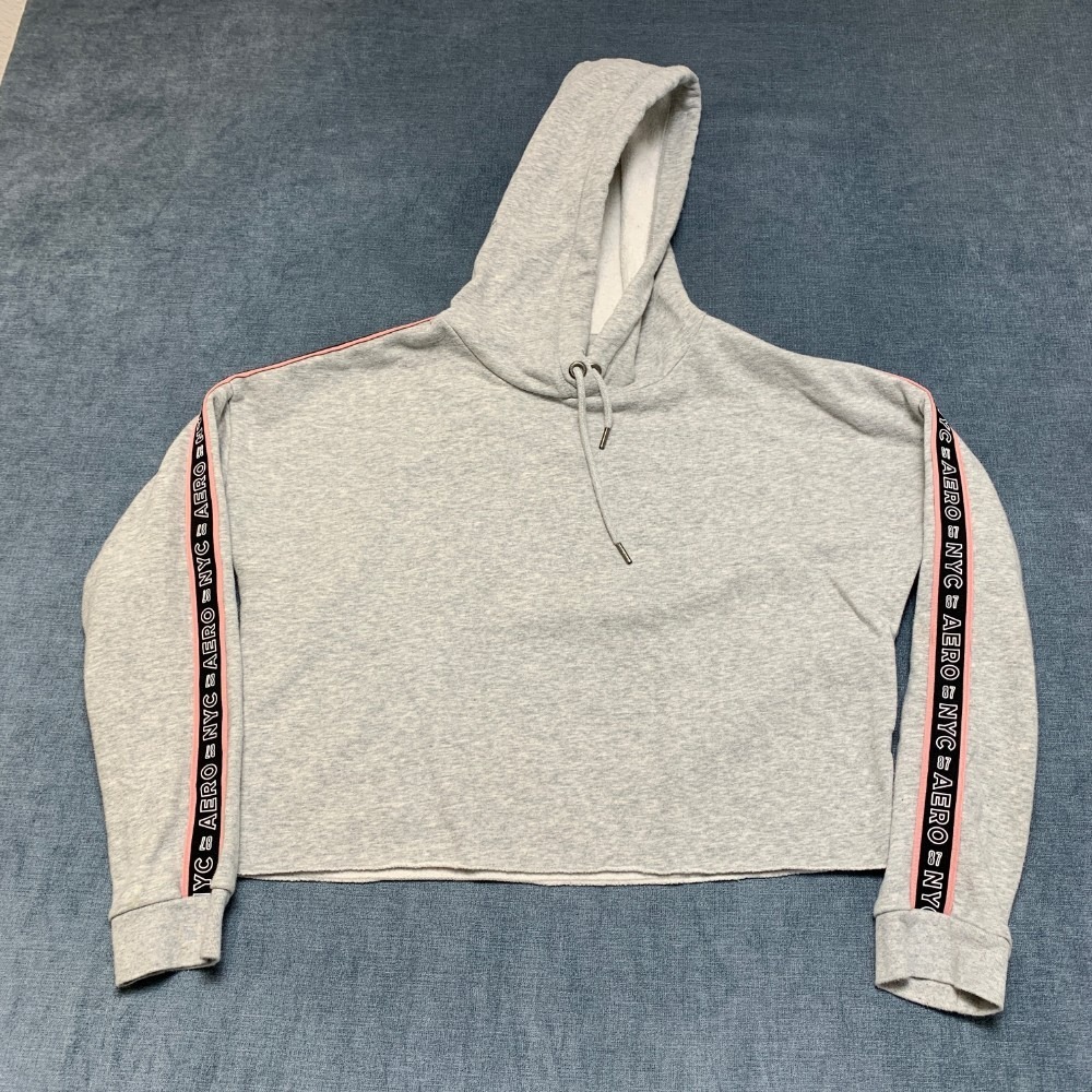 Aeropostale Aero Tape Hoodie Womens Medium Heather Gray Fleece Lined Cropped